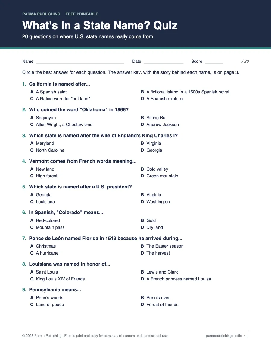 U.S. State Names Quiz, page preview