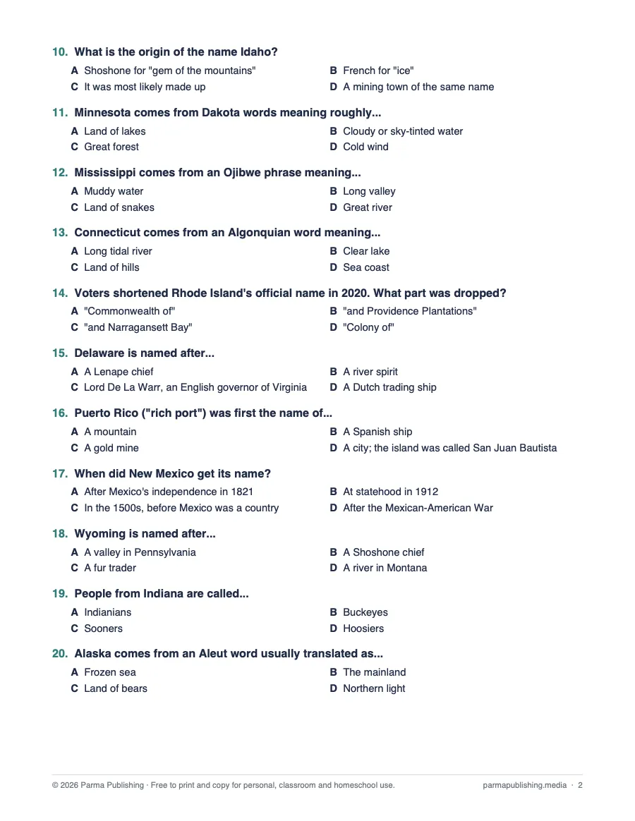 U.S. State Names Quiz, page preview